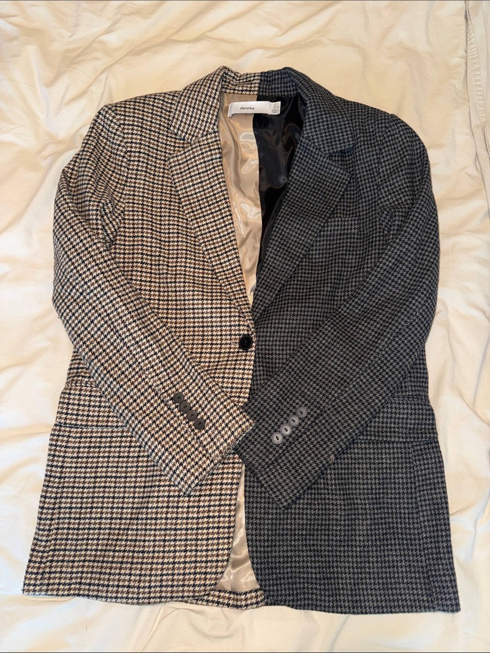 Bershka Two-Tone Houndstooth Blazer in Black & White